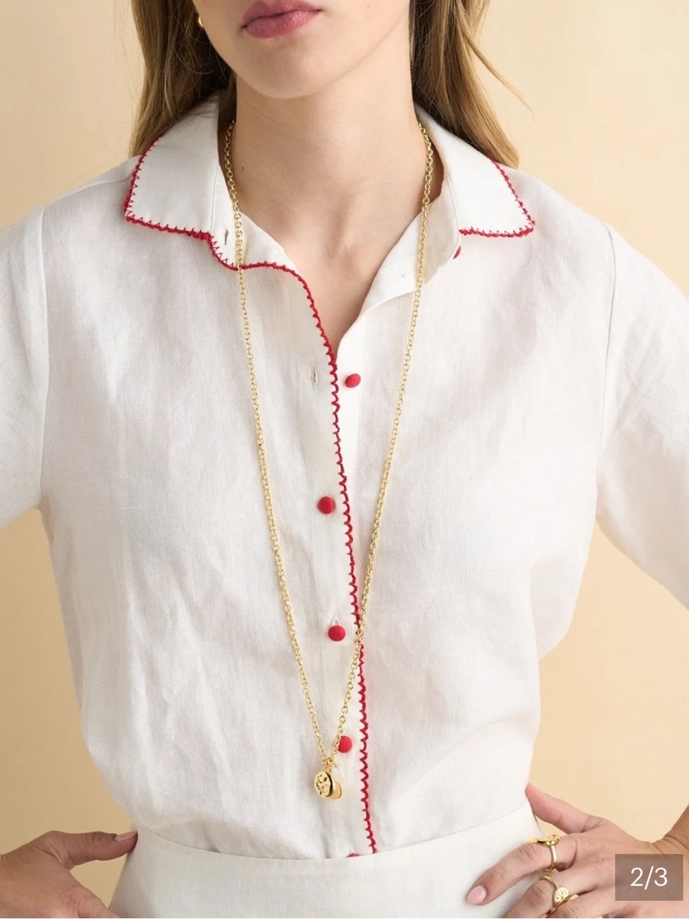 Sonmer Leonor White Collared Linen Blend Blouse with Red Embroidery Size S